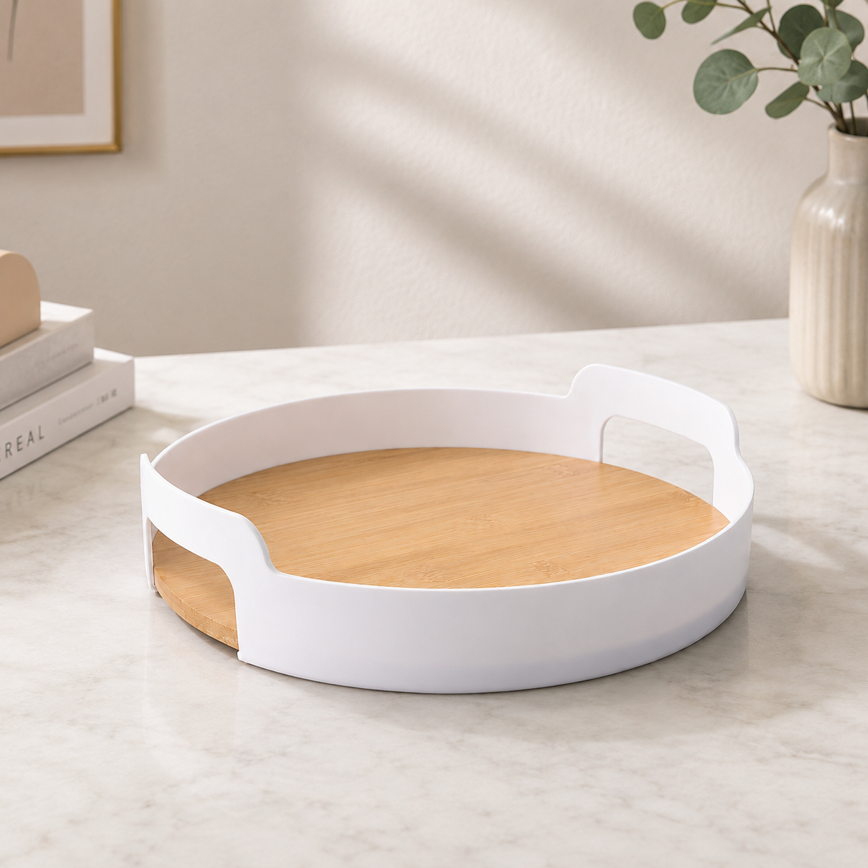 White Round Bamboo Storage Tray