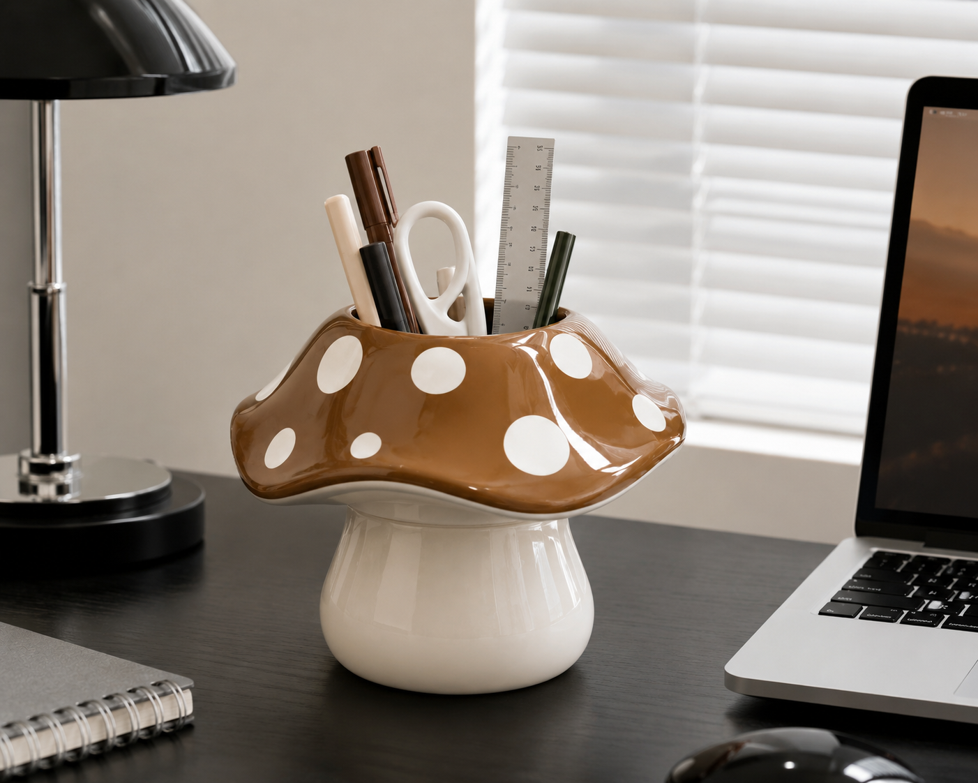 Brown Mushroom Pen Holder with White Polka Dots