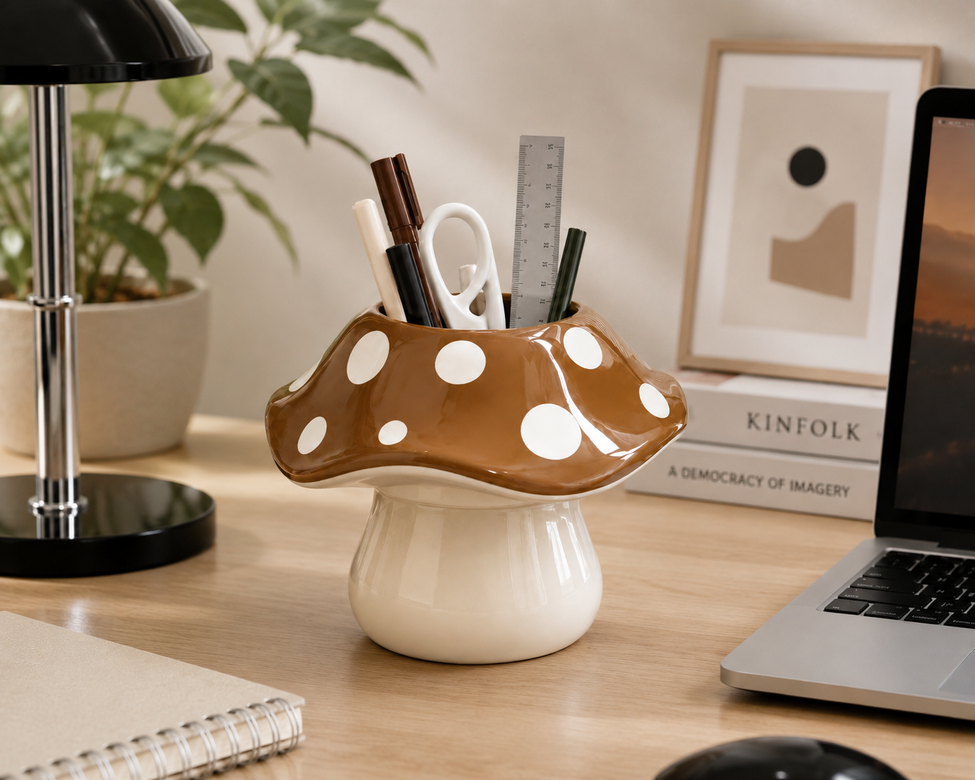 Brown Mushroom Pen Holder with White Polka Dots