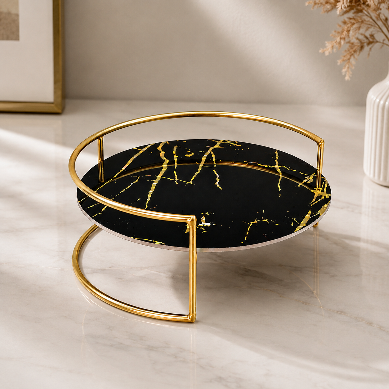 Small Black Gold Round Bathroom Organizer Tray