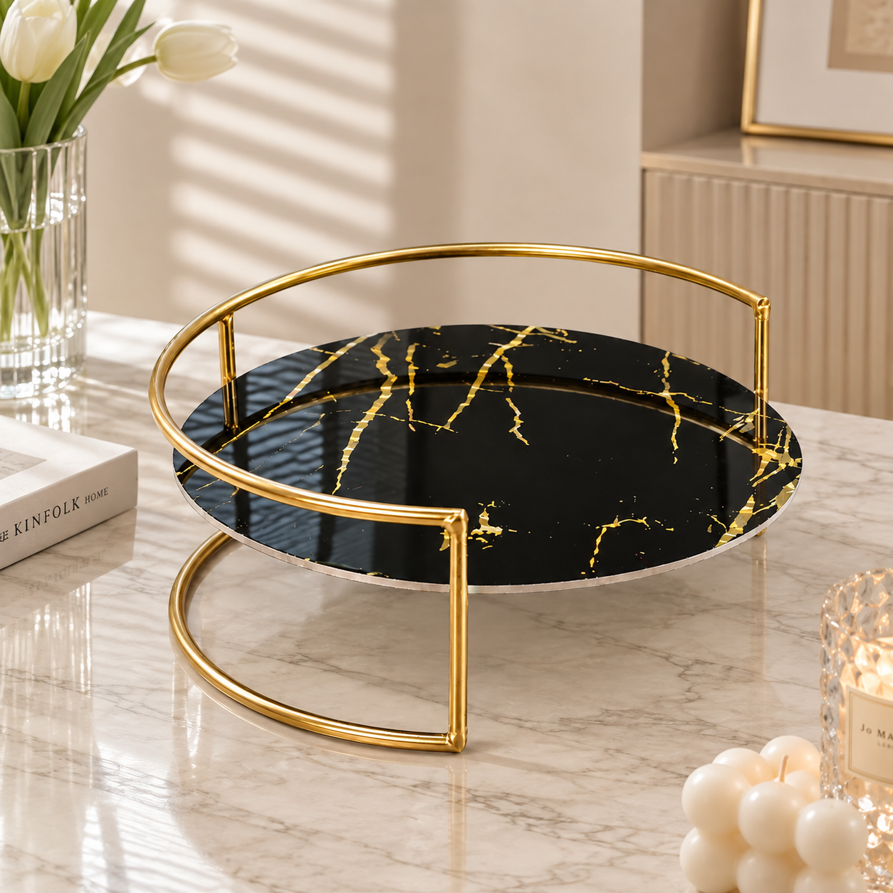 Small Black Gold Round Bathroom Organizer Tray