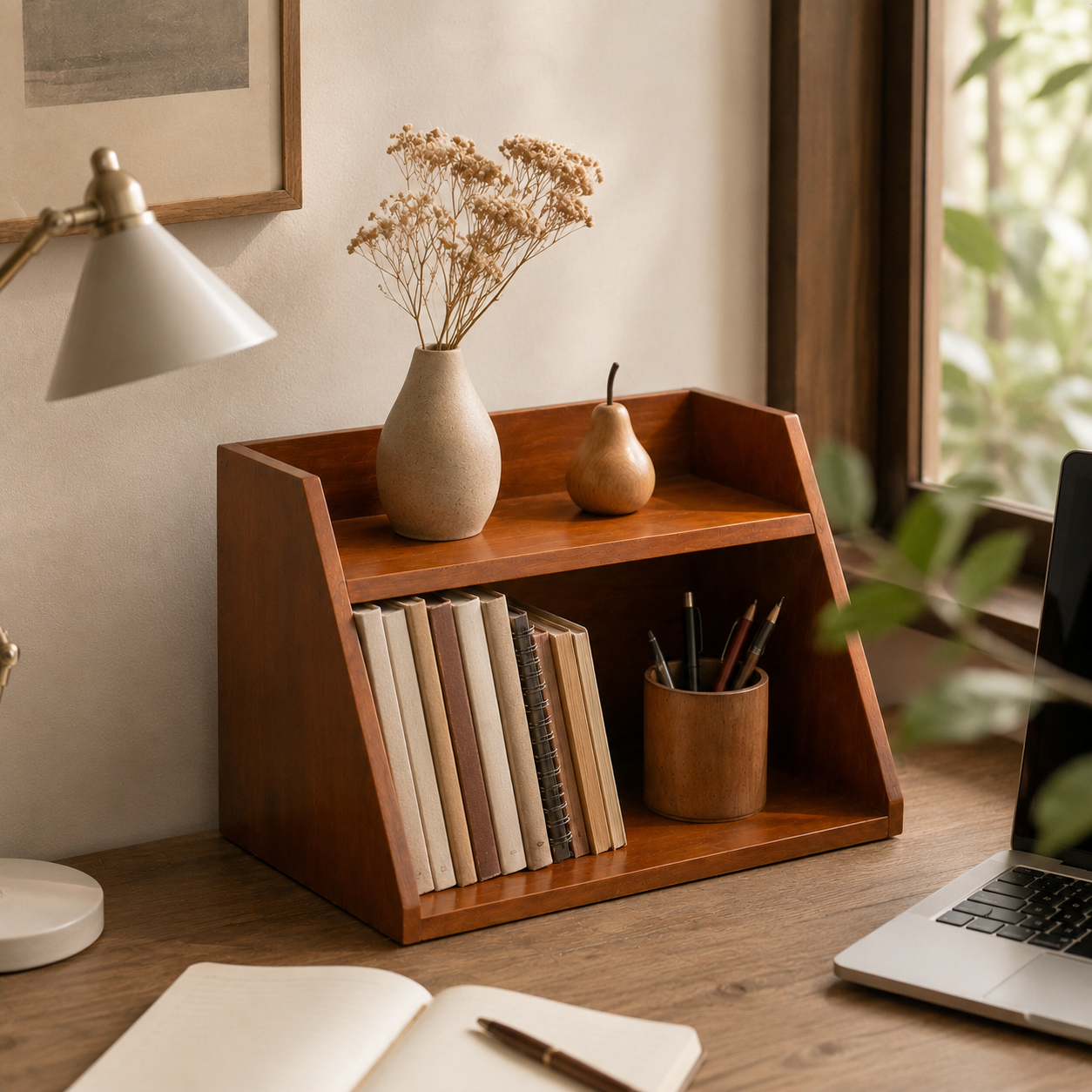 Two-Tier Slanted Solid Wood Storage Shelf